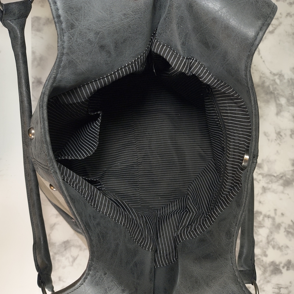 Striped Gray Vinyl Silver Stud Accents Shoulder Bag - Picture 9 of 11